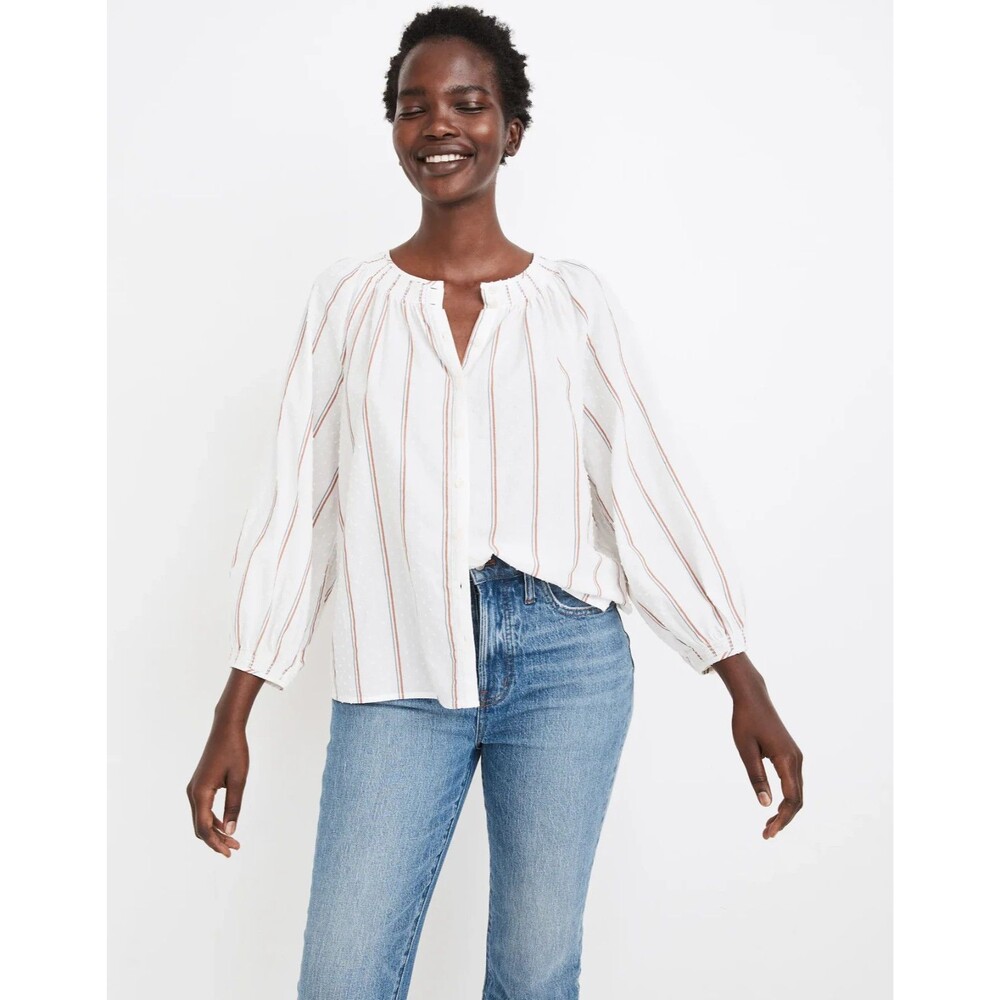 MADEWELL Smocked-Neck Raglan Top in Clipdot Stripe S Rust Red Button Up NWT B76